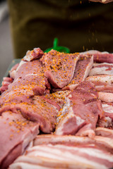 Fresh Raw Meat Background with Smoked Pork Chops, Beef Mea