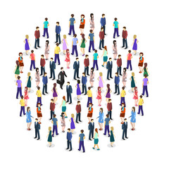 Isometric flat 3D isolated concept vector a large crowd of people standing in the shape of a circle