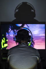 Young gamer playing video game wearing headphone. © sezer66
