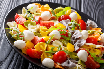 Colored farfalle pasta with vegetables and mozzarella closeup. horizontal