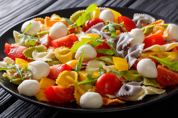 Multicolored farfalle pasta with tomatoes and mozzarella close-up. horizontal