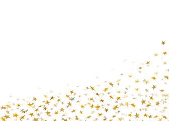 Gold stars falling confetti isolated on white background. Golden abstract rain confetti. Decoration sparkle explosion festive, celebration party. Holiday design stars on floor Vector illustration