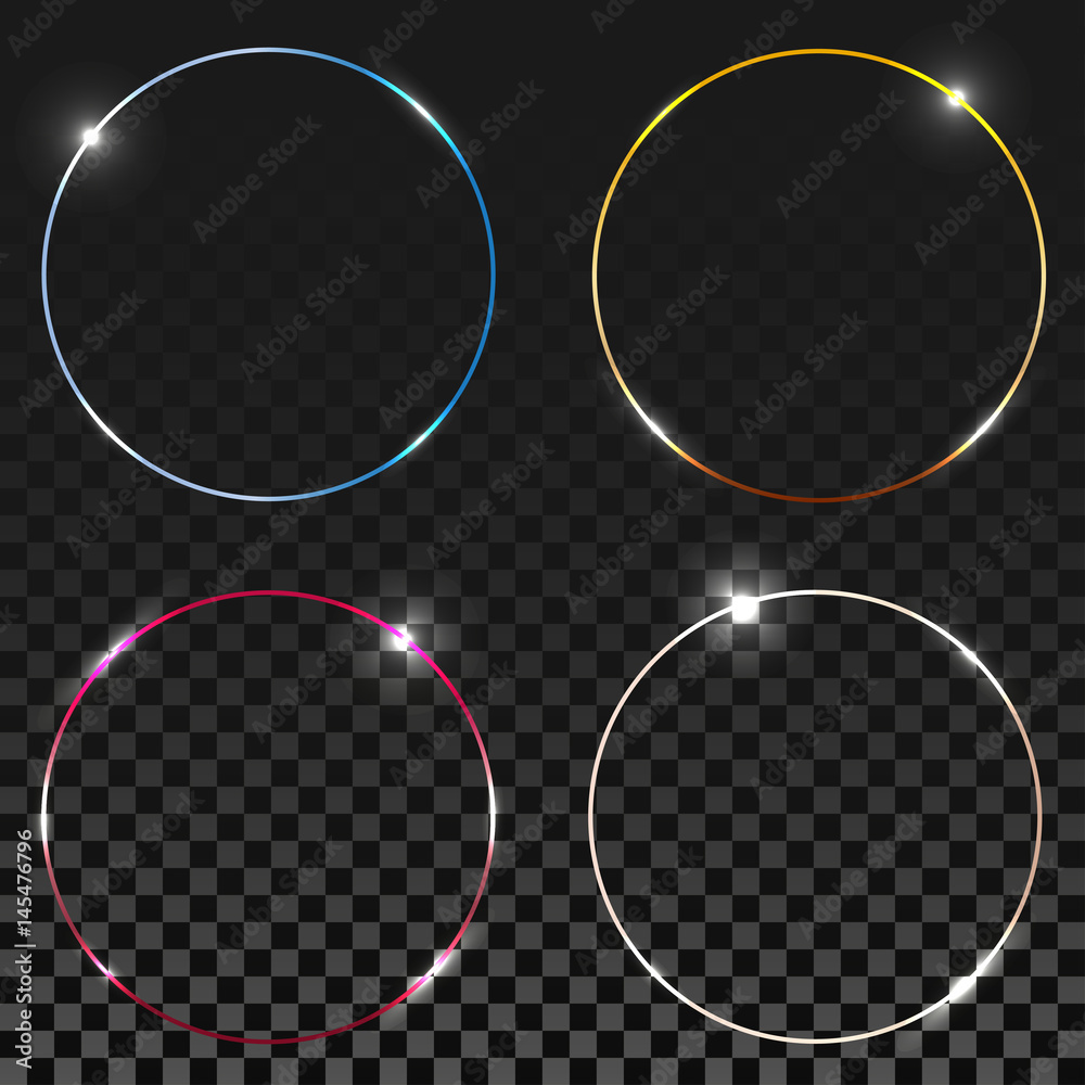 Poster blue round shining circles, rings set. glow light effect collection on transparent background. vecto