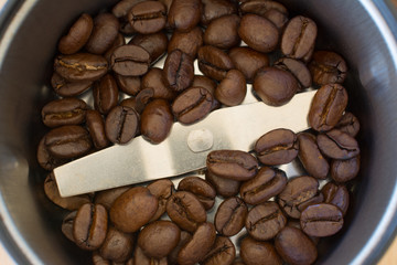 Coffee beans inside coffee grinder