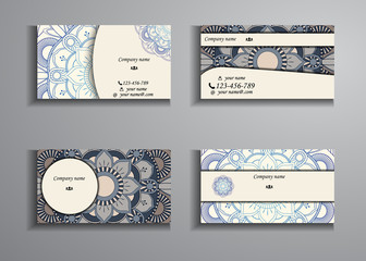 visiting card and business card big set. Floral mandala pattern and ornaments. Oriental design Layout, ottoman motifs. Front page and back page. - 145478567