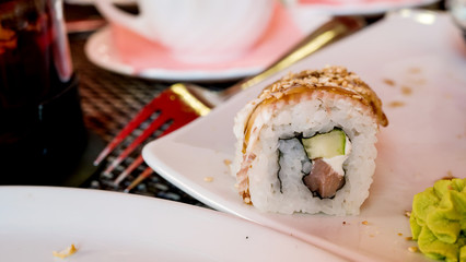 macro closeup of fresh sushi choice combination assortment selection