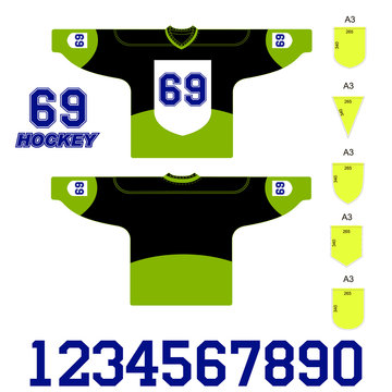 Vector Illustration Of A Black Hockey Jersey With Accents And Number 69