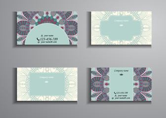 visiting card and business card big set. Floral mandala pattern and ornaments. Oriental design Layout, ottoman motifs. Front page and back page.