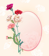 Template romantic card with ellipse frame and bouquet of carnation schabaud, white, pink, red flowers, bud, green stem, leaves on vintage background, digital draw illustration, vector