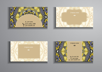 visiting card and business card big set. Floral mandala pattern and ornaments. Oriental design Layout, ottoman motifs. Front page and back page.