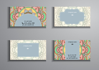 visiting card and business card big set. Floral mandala pattern and ornaments. Oriental design Layout, ottoman motifs. Front page and back page.