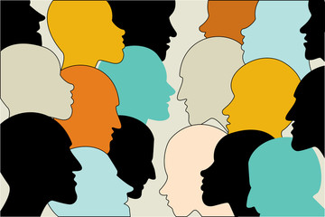 Human profile head in dialogue. Color silhouettes.