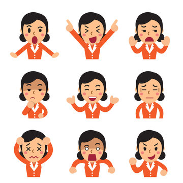 Cartoon a businesswoman faces showing different emotions