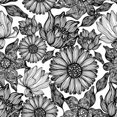 Vector seamless pattern with flowers. Hand drawing.