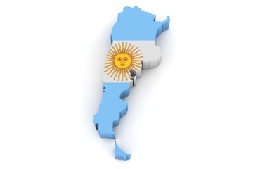 Country shape of Argentina - 3D render of country borders filled with colors of Argentina flag isolated on white background