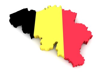 Country shape of Belgium - 3D render of country borders filled with colors of Belgium flag isolated on white background