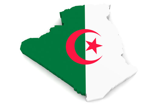Country shape of Algeria - 3D render of country borders filled with colors of Algeria flag isolated on white background