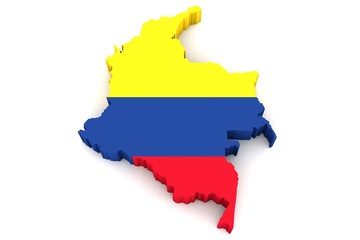 Country shape of Colombia - 3D render of country borders filled with colors of Colombia flag isolated on white background