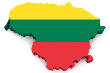 Fototapeta premium Country shape of Lithuania - 3D render of country borders filled with colors of Lithuania flag isolated on white background