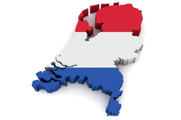Country shape of Netherlands - 3D render of country borders filled with colors of Netherlands flag isolated on white background