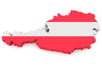 Country shape of Austria - 3D render of country borders filled with colors of Austria flag isolated on white background