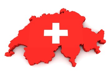 Country shape of Switzerland - 3D render of country borders filled with colors of Switzerland flag isolated on white background