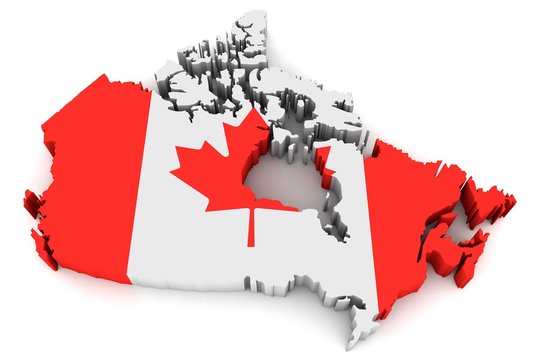 Country shape of Canada - 3D render of country borders filled with colors of Canada flag isolated on white background