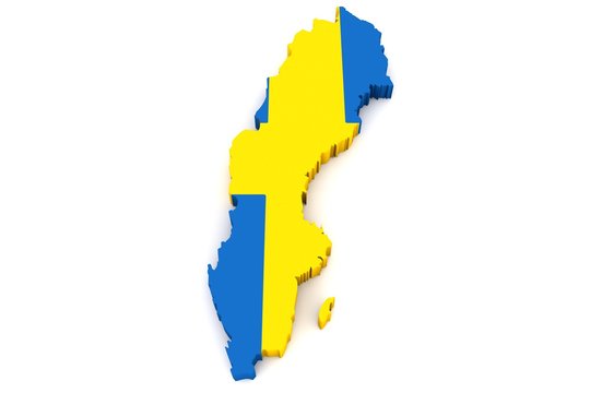 Country shape of Sweden - 3D render of country borders filled with colors of Sweden flag isolated on white background