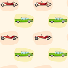 Pattern with color retro car for boy's. Vector seamless pattern with cartoon classic auto on neutral background. Pattern for boys