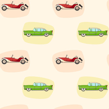 Pattern with color retro car for boy's. Vector seamless pattern with cartoon classic auto on neutral background. Pattern for boys
