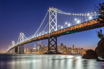 Keuken spatwand met foto San Francisco skyline with Oakland Bay Bridge at night, California, USA © JFL Photography