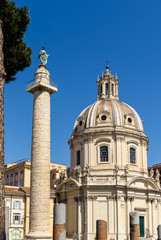 Trajan's Column  and the church of Most Holy Name of Mary at the Trajan's Forum in Rome