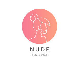 Women beauty symbol gradient icon for nude makeup trend. Outlined icon of young woman on rose circle. Female face design for commercial beauty brand or fashion element