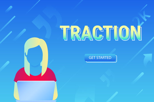 Usability traction concept illustration of young woman using laptop for working, learning and enternet surfing. Gradient vector design of people addicted to network community with social media symbols