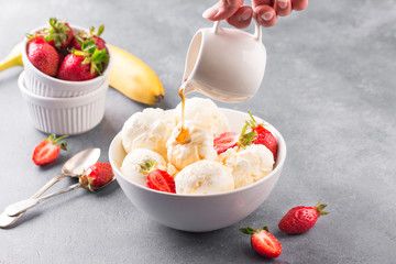 Vanilla Ice Cream with strawberry in bowl
