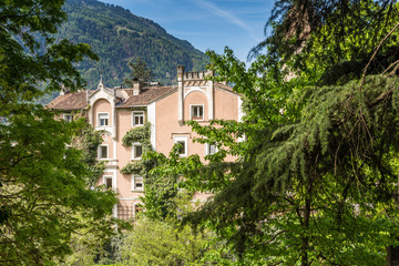 Fototapeta na wymiar The promenades of Merano, South Tyrol, Italia. South Tyrol's historical buildings.