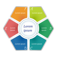 Circle infographic template with 6 steps and central element in form of a hexagon. For presentation and design concept. Vector illustration.