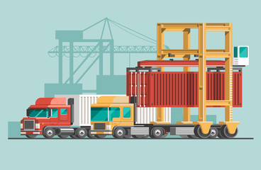 Delivery service concept. Container cargo loading, truck loader, warehouse. Flat style vector illustration.