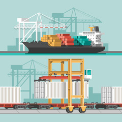 Delivery service concept. Container cargo ship, train loading, truck loader, warehouse, crane. Flat style vector illustration. - obrazy, fototapety, plakaty