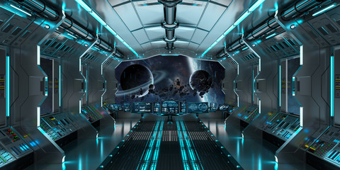 Spaceship interior with view on distant planets system 3D rendering elements of this image...