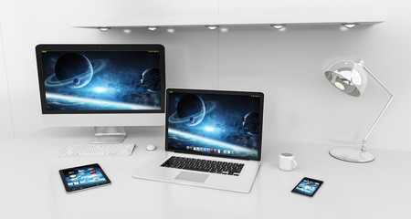 Modern white desk interior with computer and devices 3D rendering