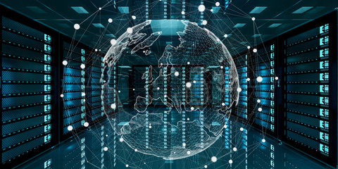 Earth network flying over server room data center 3D rendering