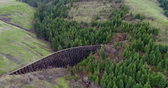 Unique view of a historic train trestle and forest