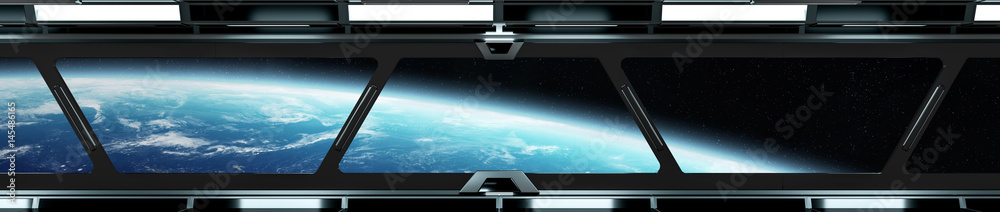 Poster Spaceship corridor with view on the planet Earth 3D rendering elements of this image furnished by NASA