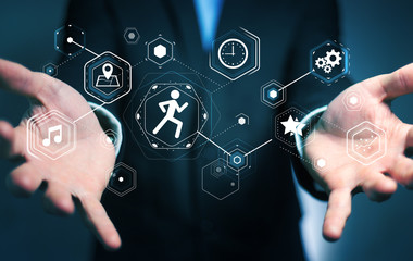 Young man using running application to check his performances 3D rendering