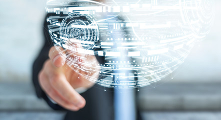Businessman touching hologram sphere 3D rendering