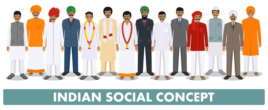 Social concept. Group indian people standing together in different traditional national clothes on white background in flat style. Vector illustration.