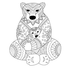 Polar bear mother cuddling her son in her arms zendoodle design for t - shirt design,card,adult coloring book page.. Vector illustration

