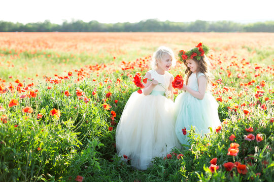 little girl model, childhood, fashion, summer concept - two little girlfriends in white and blue dresses laughing in spring field, hands with bouquets of poppies, on the head is a wreath of poppy