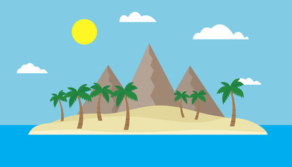 Fototapeta na wymiar Cartoon view of a tropical island in the middle of an ocean or sea with a sandy beach, palm trees and mountains under a blue sky with clouds and sun on a bright summer day - vector, flat